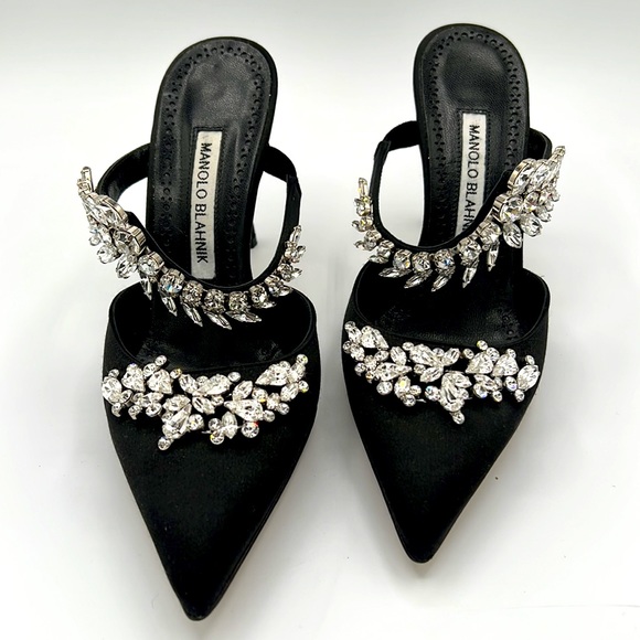 New in Box • Manolo Blahnik Black Satin Crystal Embellished Mules